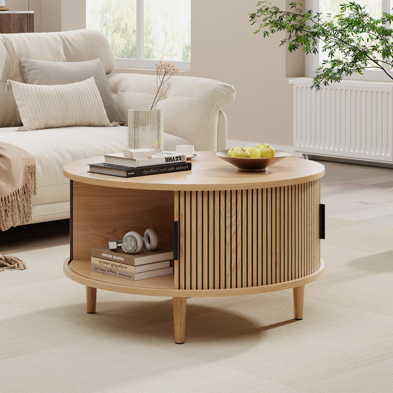 31.5" Modern Round Lift Top Coffee Table With Fluted Door & Storage, Beige