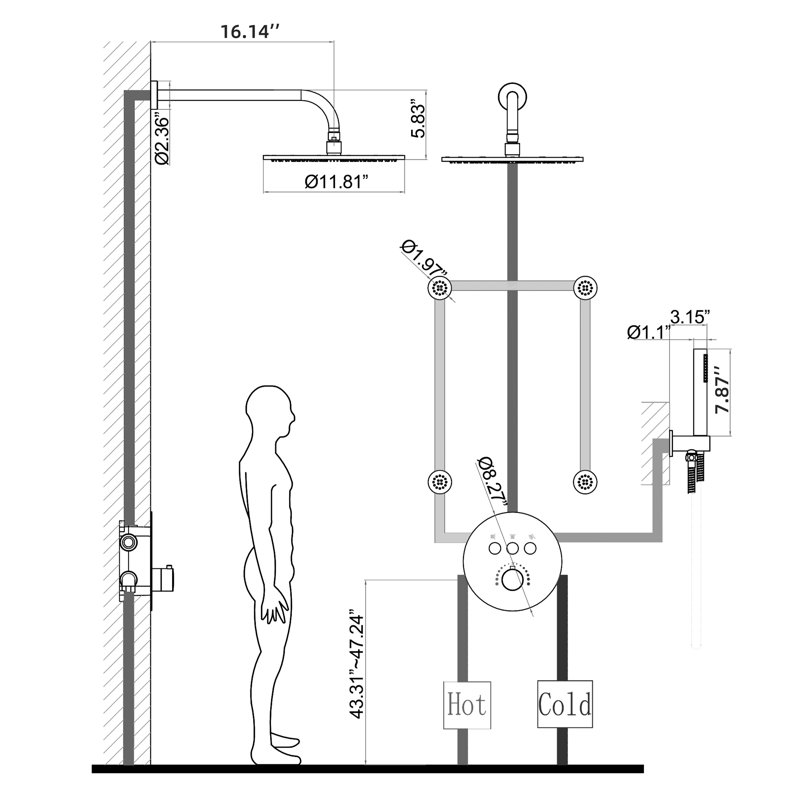 Multifunctional Complete Shower System Wall Mount Rain Shower Head with Body Jets & Rough-In Valve, Brushed Nickel