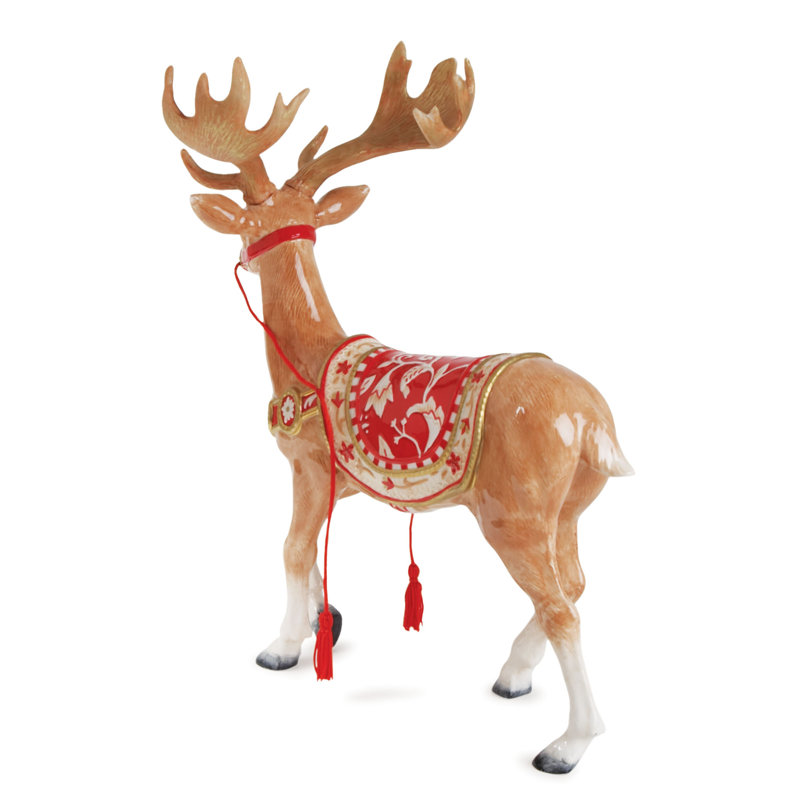 Glazed Ceramic Winter Deer Figurine with Colorful Saddle
