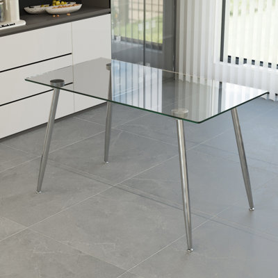 Table de salle à manger moderne en verre avec plateau en verre trempé et pieds en métal argenté Modern