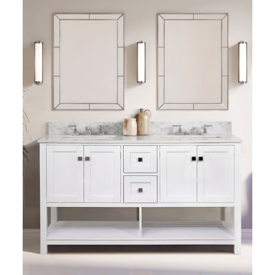 Ensemble de meuble-lavabo double 60 po avec plateau en quartz Akaysha, portes et tiroirs à fermeture en douceur, dosseret, lumières DEL
