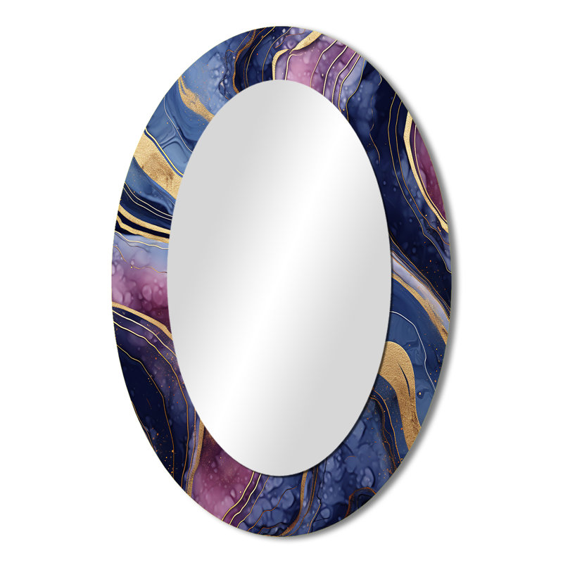 Blue And Gold Abstract Marble Essence III - Modern Oval Wall Mirror, 36" x 24"