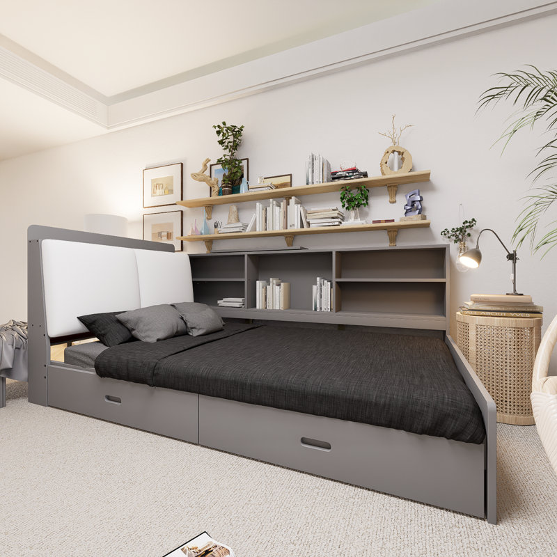 Lit plateforme gris en bois avec tête de lit, tablette et 2 tiroirs