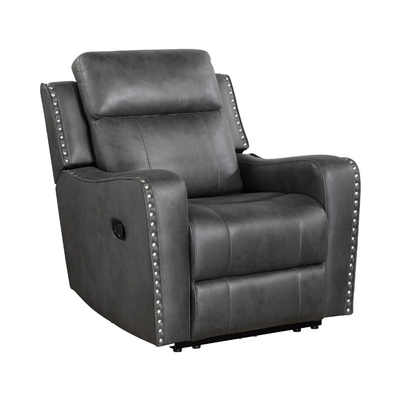 Jacopo 36.5" Traditional Polished Microfiber Reclining Chair with Nailhead Trim, Pull-Handle Recline & Dacron Wrapped Foam