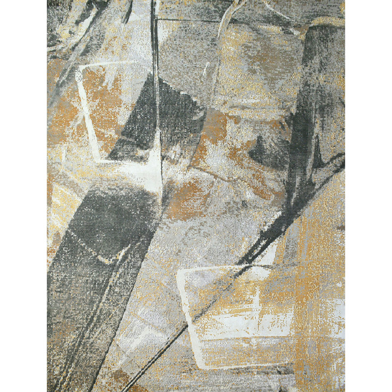 Abstract Area Rug in Gold/Dark Green/Gray/Ivory, Rectangle 9' x 12'