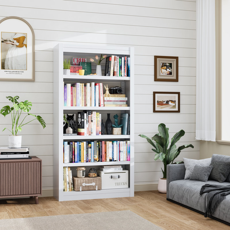 Metal Bookshelf, 5-Tier Bookcase, Modern Bookshelves with Adjustable Shelves, White Bookshelf for Home Office, Living Room, Garage, Small Space Living