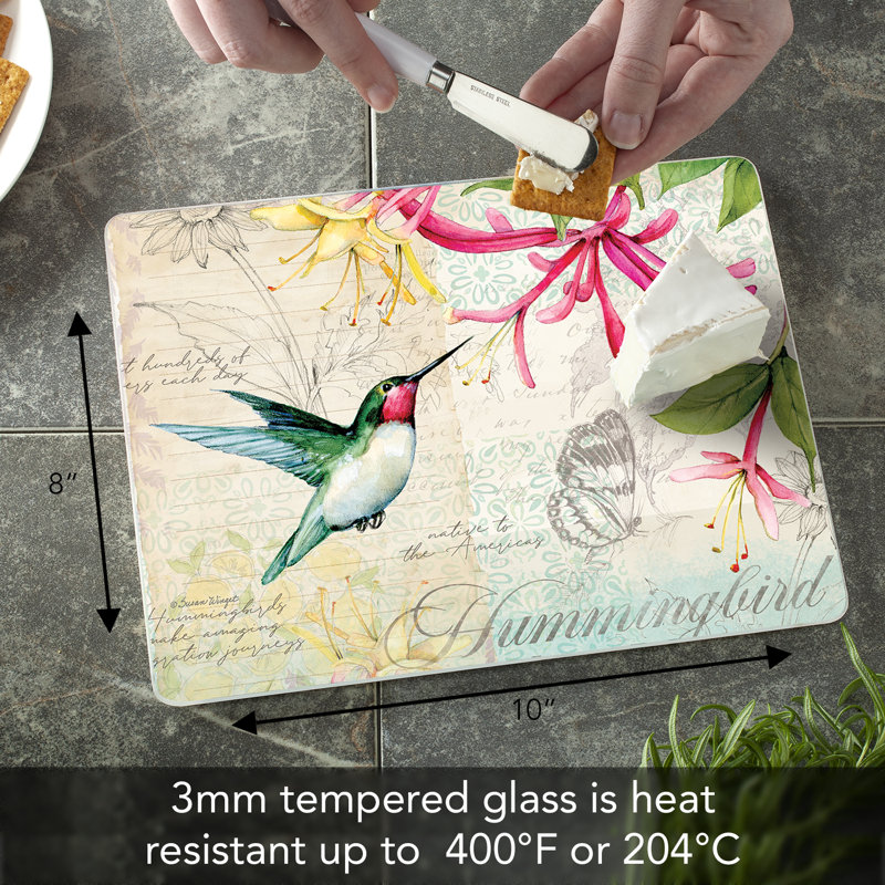 Hummingbird Floral Tempered Glass Rectangular Cutting Board 10" x 8"