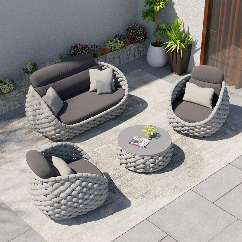 Cocaro 4-Piece Outdoor Rope Weave Patio Sofa Set with Swivel Chairs & Coffee Table in Gray, Gray, Gray