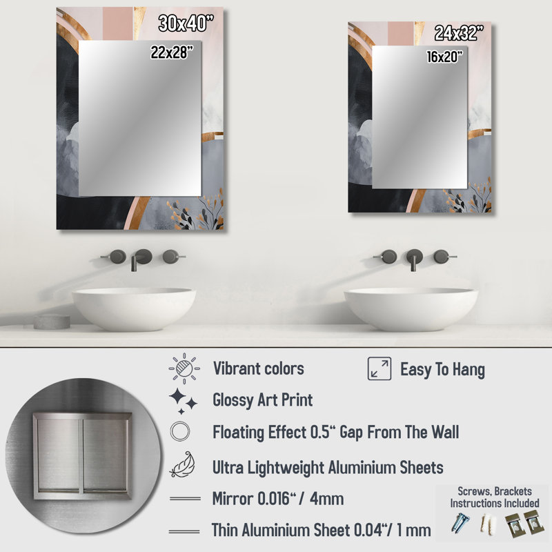 Rose Gold Unveiling Reverie IV - Floral Mirror, Traditional Decorative Wall Mirror, Printed Metal Art, 32" x 24"