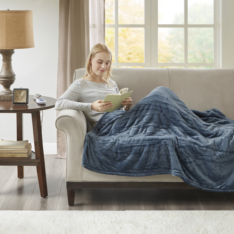 Woolrich Heated Plush to Berber Throw, Sapphire Blue