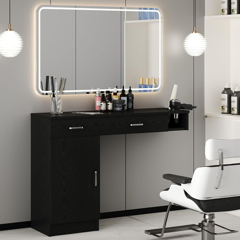 Thame Wall-mounted barber station with barber cabinet, without mirror, Black