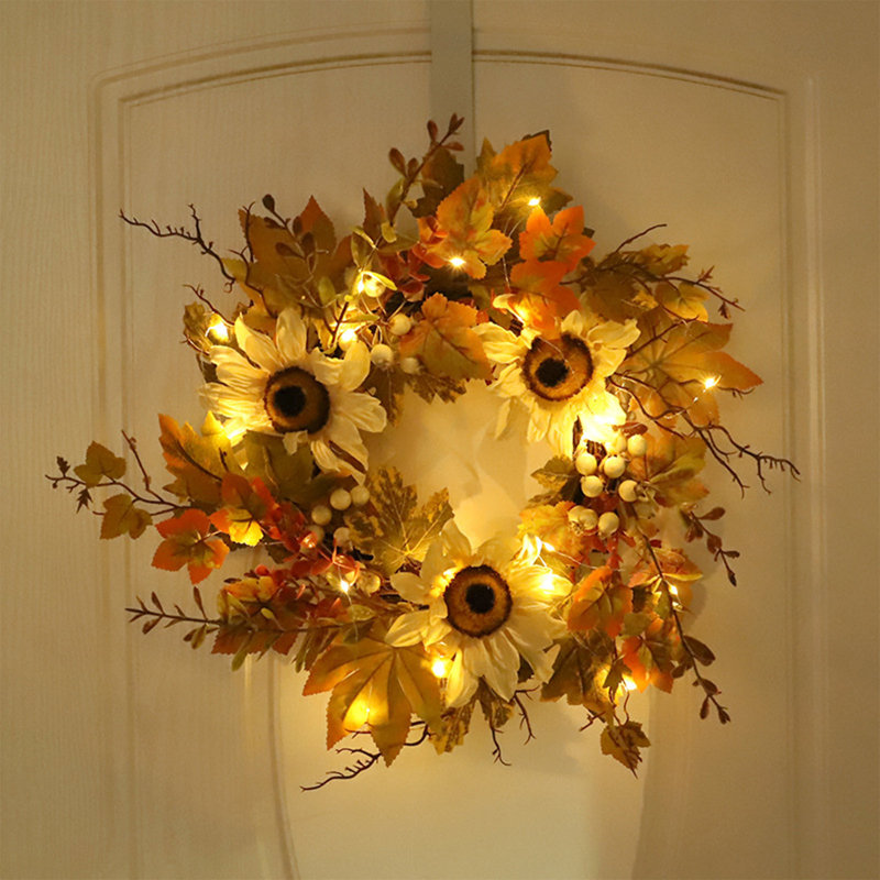 Décoration murale couronne en mousse feuille d'érable et couronne de tournesol blanche