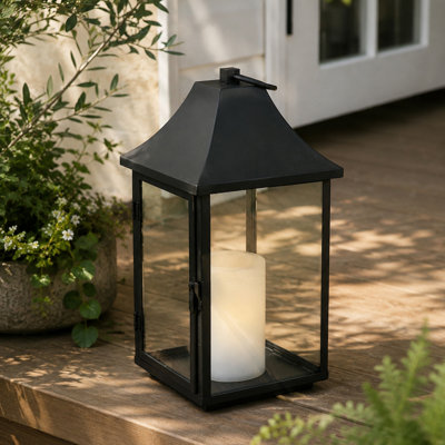 H14 Inch Outdoor Solar Lantern With Flickering Led Candle Black Metal Decorative Lantern With Tempered Glass Hanging Or Table Lantern For Patio Porch Garden