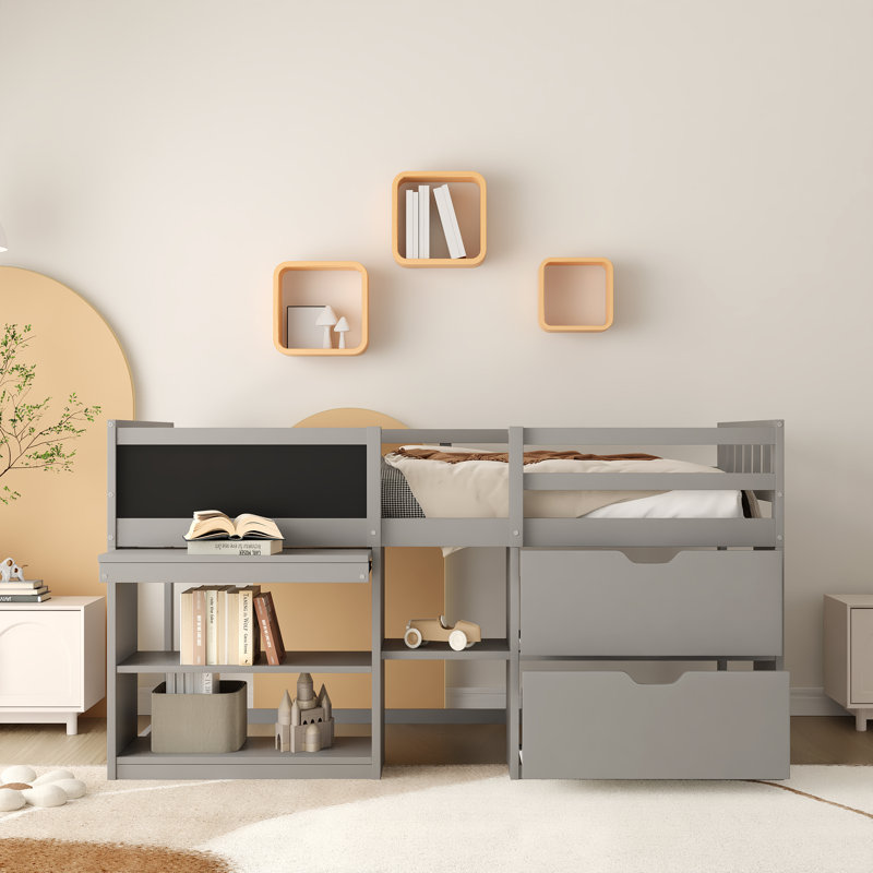 Okane Kids Twin Loft Bed with Drawers, Gray
