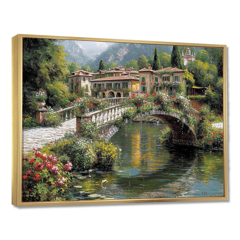 Poétique fleur pont sur Calm Town River, H 30 po x l 40 po x P 1,5 po, Toile avec cadre flottant or