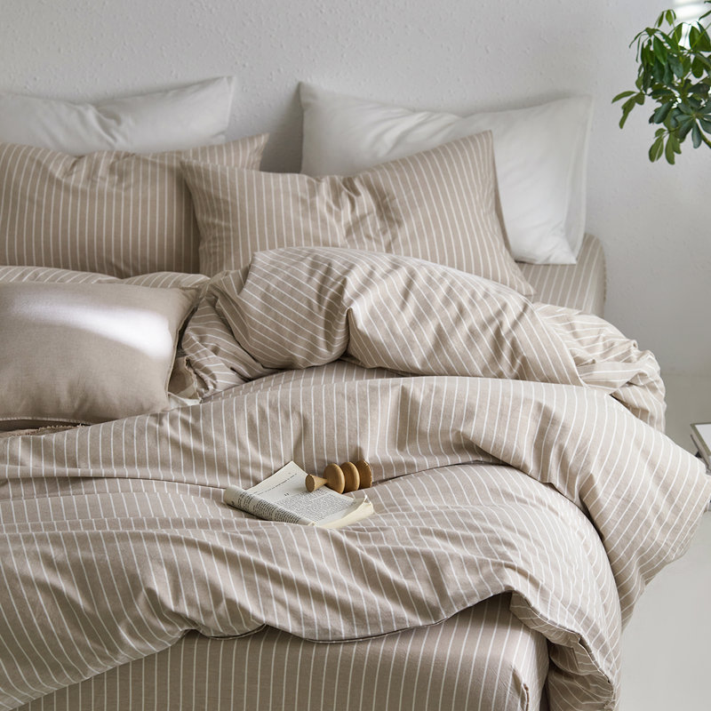 MooMee Striped Duvet Cover Set 100% Washed Cotton Linen Like Textured, Wide Stripes - Tannish Linen Gray/White