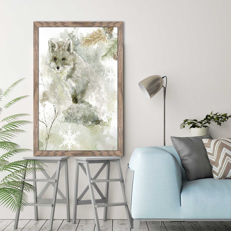 Winter Lodge Fox par - Peinture, Cadre taupe délavé, H 39,5 po x l 27,5 po x P 0,75 po