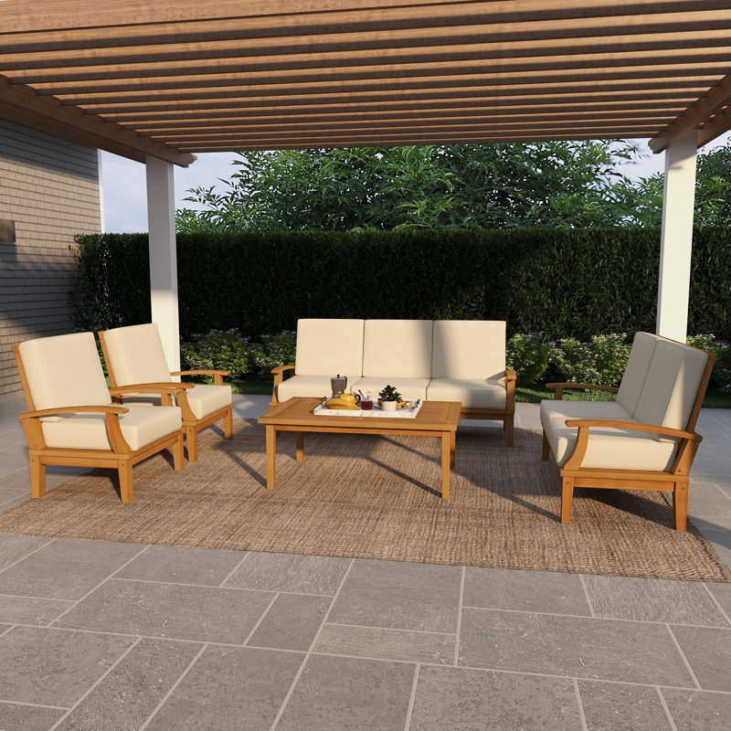 Alaincourt Brown Teak Wood Patio Conversation Set Outdoor Seating Set with Cushions, Set of 5 77", 54"W