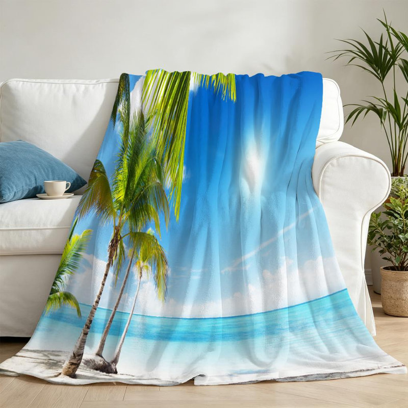 Jeté en flanelle bleue ultra douce, imprimé face simple mer des Caraïbes et noix de coco, Throw 50" x 60"
