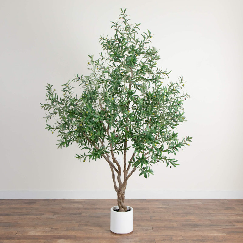 Grand olivier artificiel en pot décoratif blanc, H 96 po x l 48 po x P 10 po