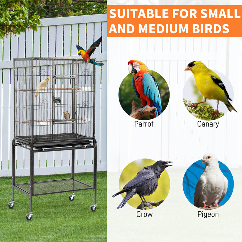 53" Black Iron Flight Bird Cage with Rolling Stand and Storage Shelf