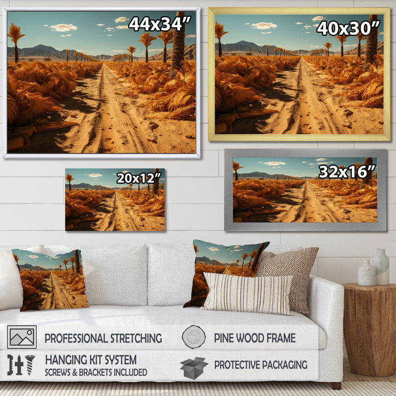 «Yellow Palm Trees Field II», reproduction sur toile, H 16 po x l 32 po x P 1 po, Encadrement doré