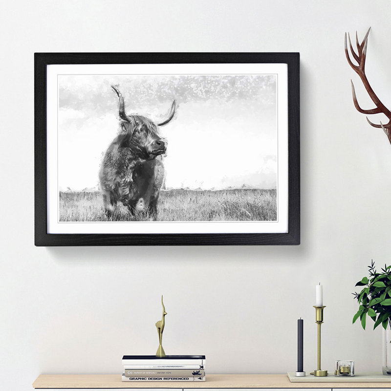 Highland Cow in Abstract - Framed Print, 36cm H x 48cm W x 2cm D, Black Framed