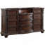 Commode de luxe formelle avec miroir, incrustations en marbre, finition cerisier foncé, détails dorés, mobilier de chambre traditionnel