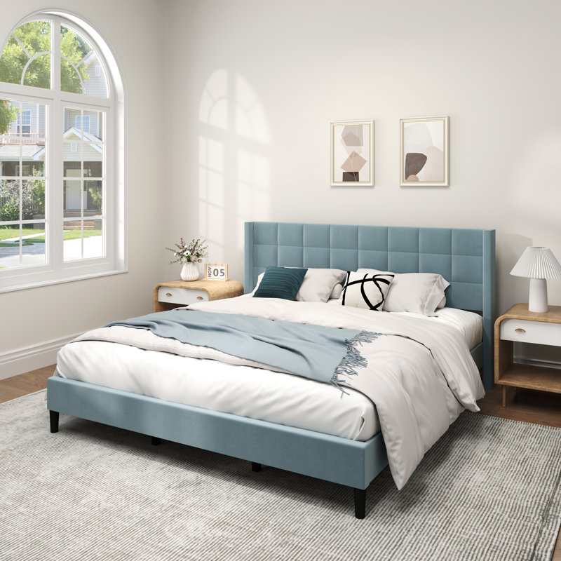 75.9'' W King Size Upholstered Platform Bed with Velvet Fabric & Square Tufted Headboard, Blue, King