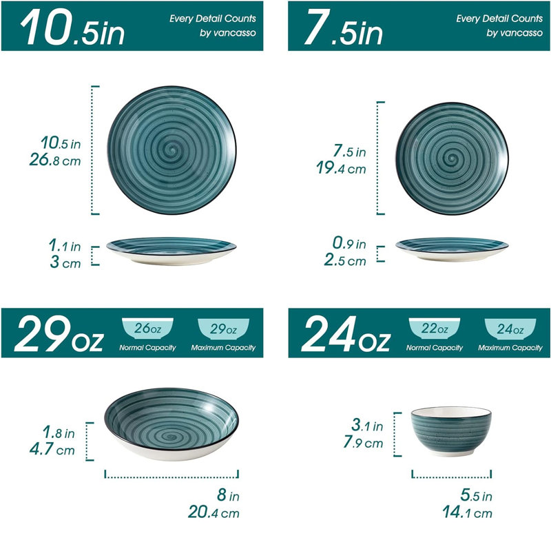 24 Piece Handmade Stoneware Dinnerware Set - Service for 6, Green