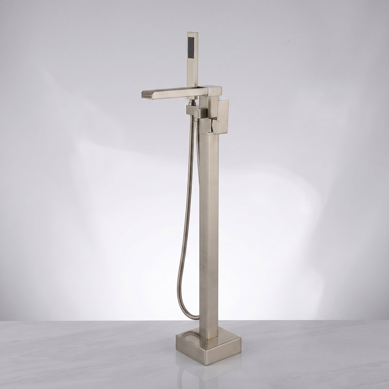 Robinet de baignoire autoportant à poignée simple 34,72 po Modern avec douche à main, Brushed Nickel