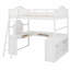 Lit mezzanine en bois avec bureau en U, compartiments de rangement et miroir à trois volets