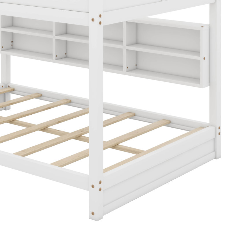 Queen Over Queen Bunk Bed, Solid Pine Wood Bunk Bed With Built-In Storage Cabinets, Charging Station,Ladder,Safety Guardrails