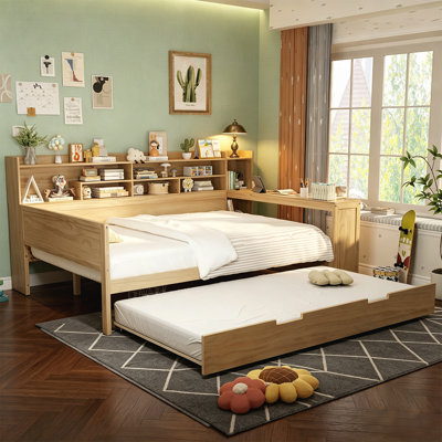 Lit de jour en bois avec tablettes de rangement, lit gigogne et bureau d'étude intégré pour espaces compacts