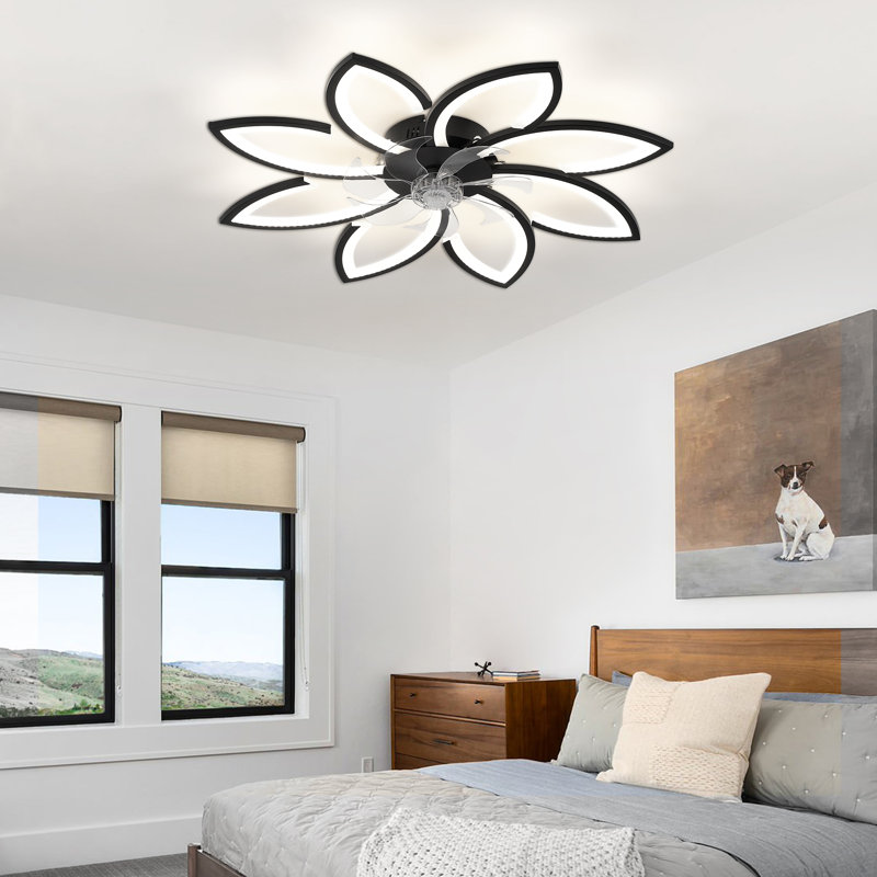 34.3'' Black Low Profile Ceiling Fan With Light & Remote, Flower Flush Mount Dimmable Led Fan Light, 6 Speed For Bedroom