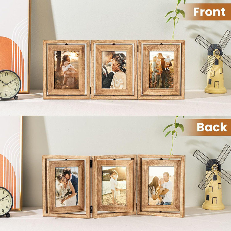 Cadre triple en bois rustique 4 x 6, cadre de collage pliable articulé, présentoir rotatif à double face avec verre haute définition, brun