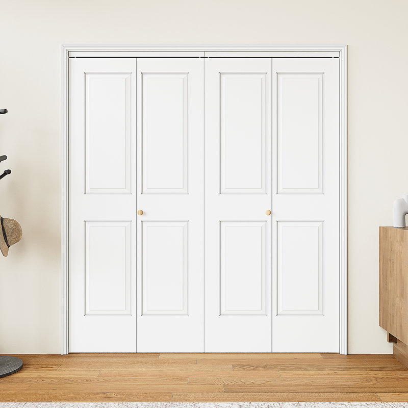 Double porte pliante double pour ouverture de 60 po x 80 po, portes pliantes à panneaux creux à 4 panneaux avec quincaillerie, panneaux de porte de grange pliables pour garde-robe / garde-manger / buanderie, pré-assemblé, facile à installer, apprêté blanc