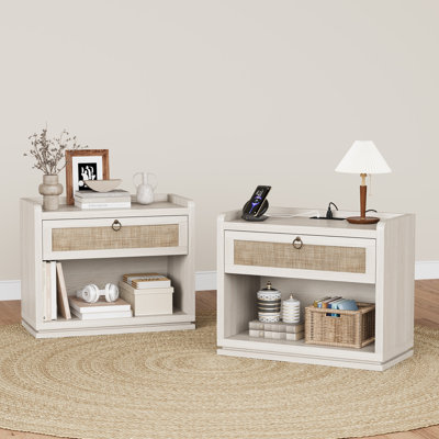 Table de chevet en rotin de 79 cm avec station de recharge (lot de 2), style champêtre, pour salon ou chambre, blanche