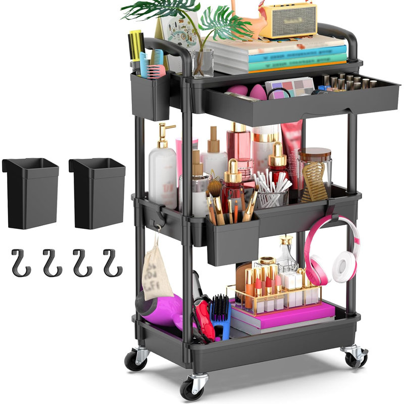 3-Tier Rolling Utility Cart With Removable Drawer, 360° Swivel & Lockable Wheels, Heavy-Duty Storage Organizer For Bathroom, Kitchen, Craft, Makeup, Baby Essentials