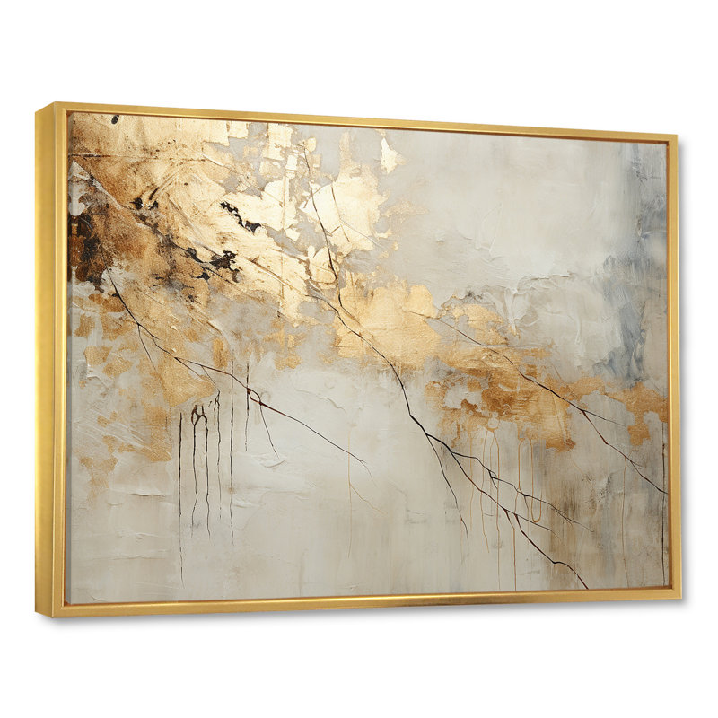 Art mural grand beige et or VI - formes abstraites, Cadre flottant doré, H 24 po x l 32 po x P 1 po