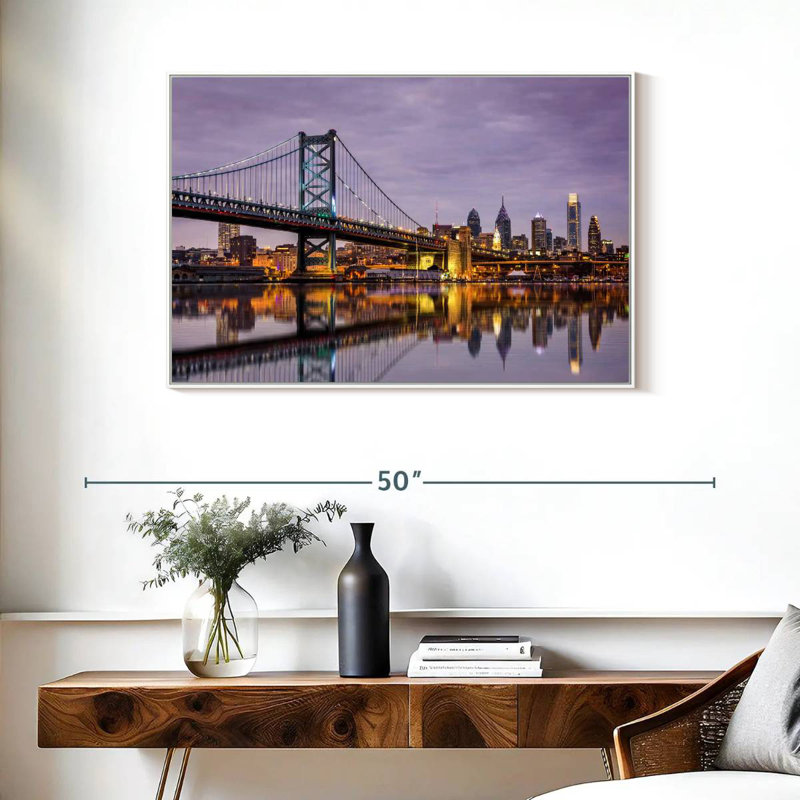 Horizon du pont Ben Franklin, 37 po x 25 po, Cadre flottant blanc