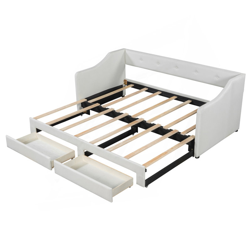 Twin XL To King Size Upholstered Daybed With Two Drawers, Beige, Beige