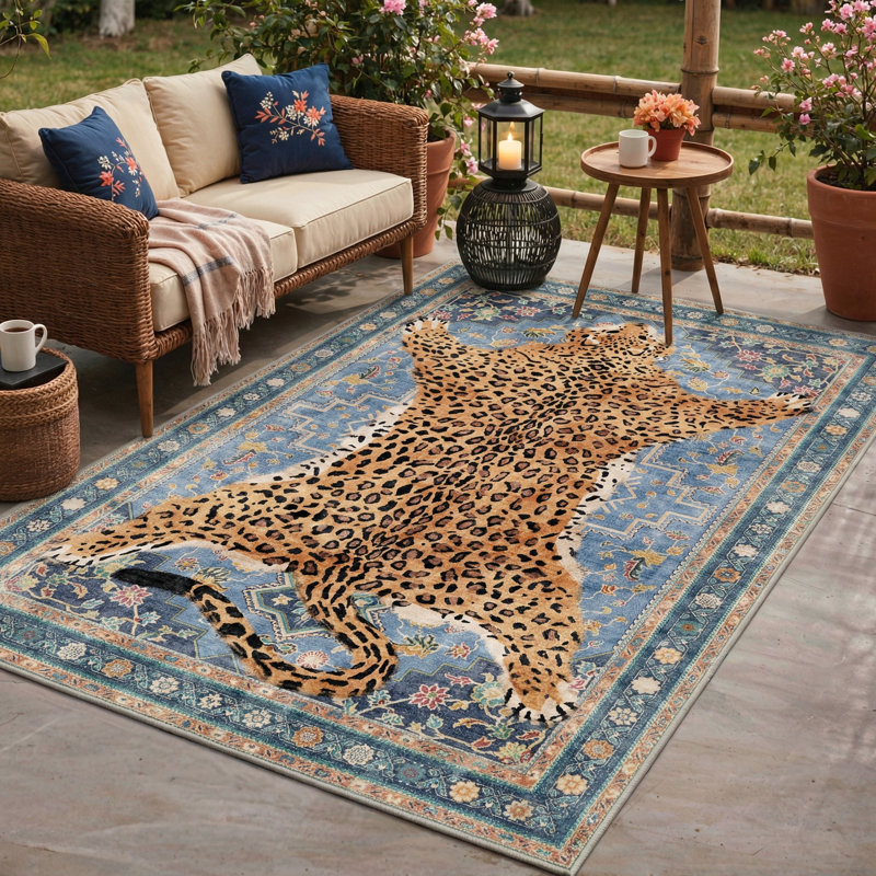 Aura Animal Print Machine Washable Blue / Yellow Indoor Area Rug with Non-Slip Backing, Round 5'