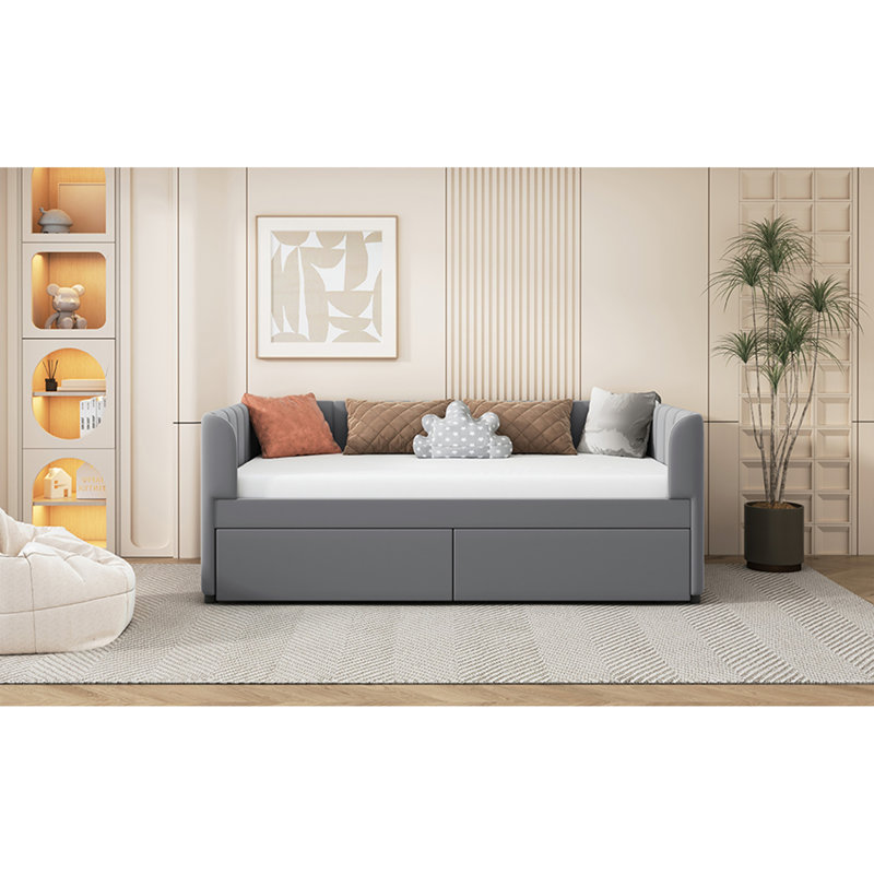 Lit de jour simple rembourré avec dossier ergonomique et 2 tiroirs, Gris