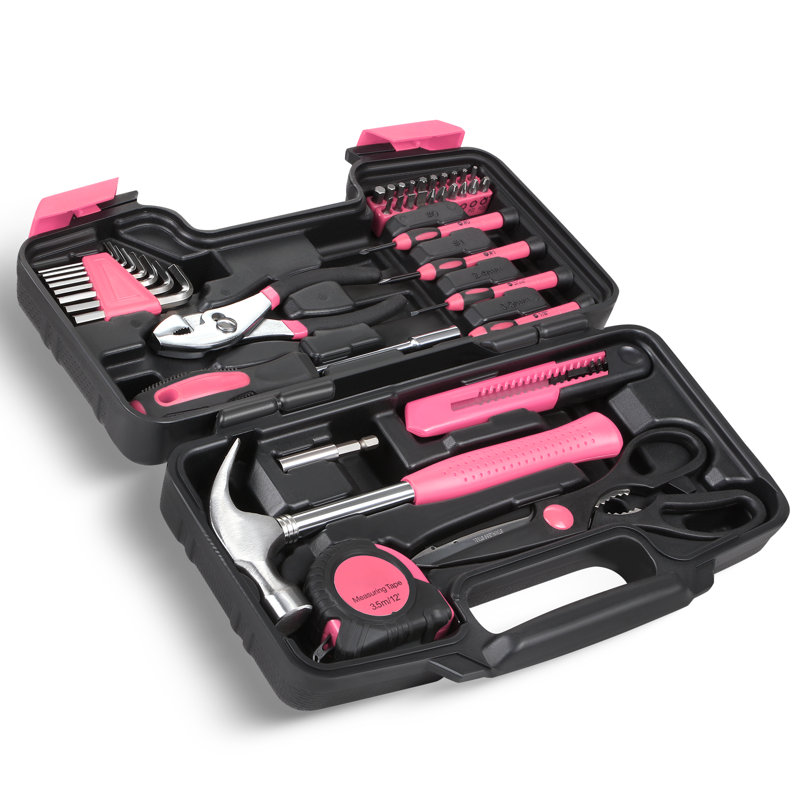 39-Piece Home Tool Kit With Organizer Case Essential Repair Tools For DIY & Maintenance, Pink
