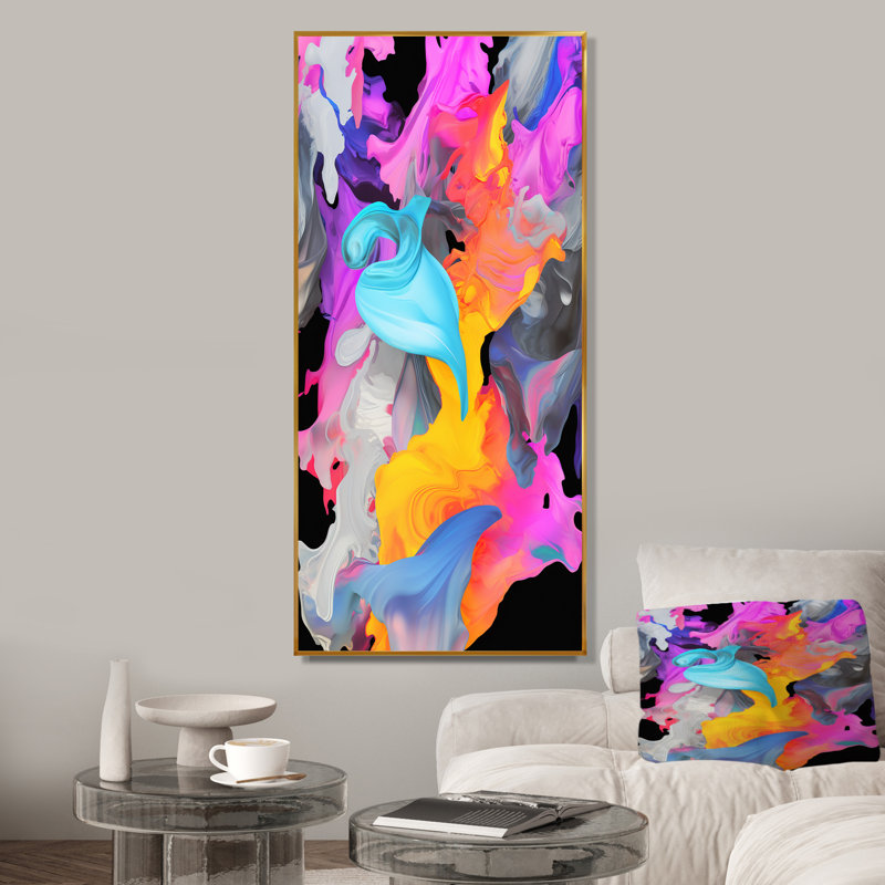 "Peinture rose et bleue Fusion II", Cadre flottant doré, H 32 po x l 24 po x P 1 po