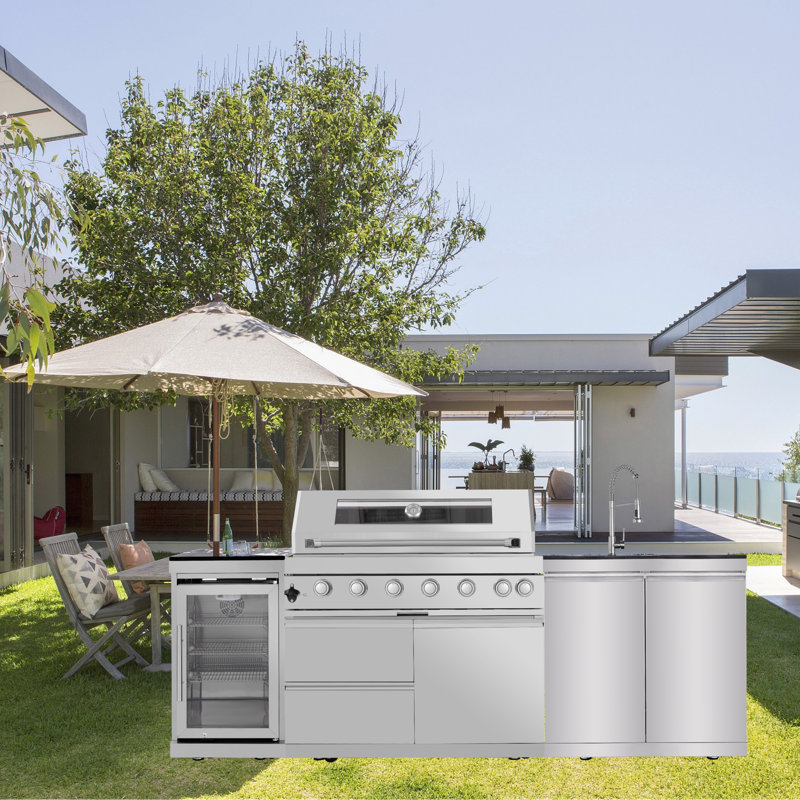 Îlot de cuisine en acier inoxydable 304 de 96 po à 3 brûleurs avec 3 refroidisseurs à vin et 85 000 BTU 96 po, Gaz naturel