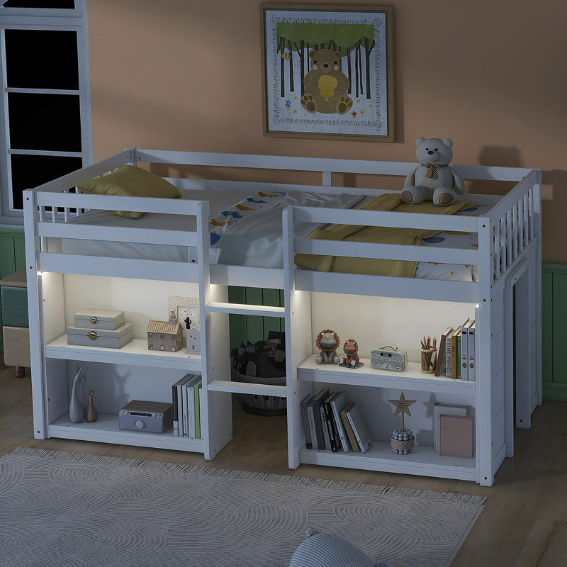 Lit mezzanine bas pour enfant avec tablettes à deux niveaux et DEL, Blanc