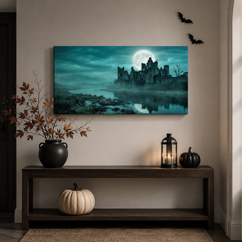 «Ruine Stone Castle By River Under Full Moon», art mural sur toile, L 24 po x H 12 po