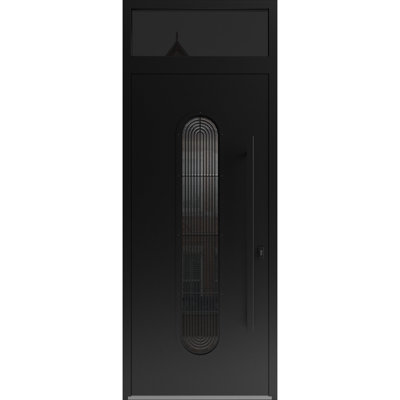 Porte d'entrée extérieure en aluminium Ronex 0521, noire, prémontée, en acier, peinte, style moderne, largeur 36 po x hauteur 80 po + 14 po, ouverture à gauche vers l'intérieur